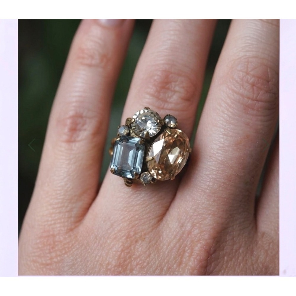 Sorrelli Crystal Cluster Statement Ring Antique Brass Tone Adjustable Blue Peach